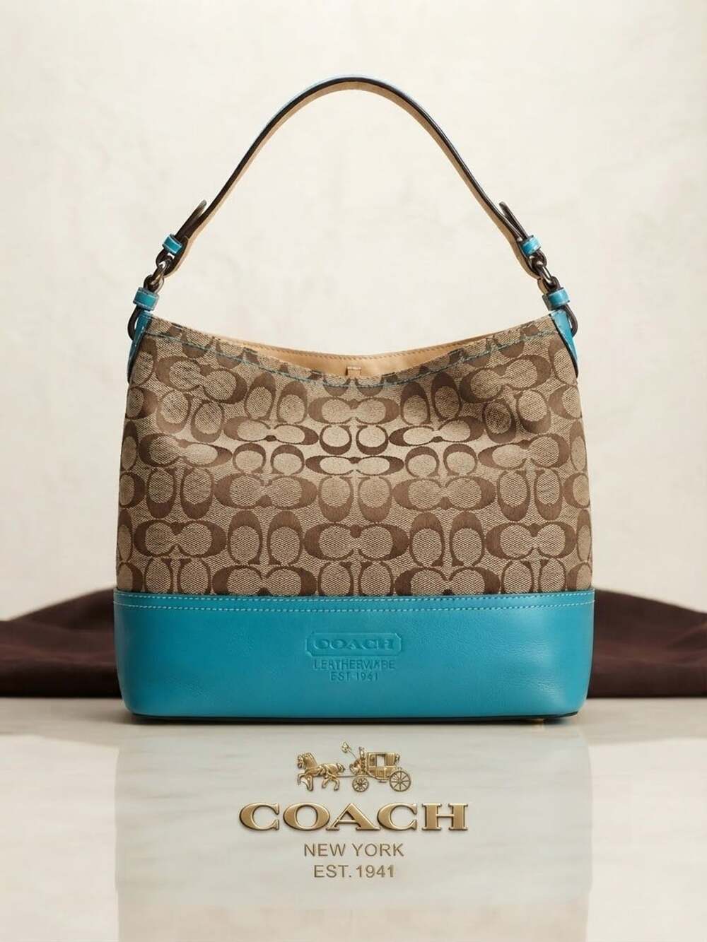 Coach Signature C Monogram Shoulder Bag with Turquoise Blue Leather Trim